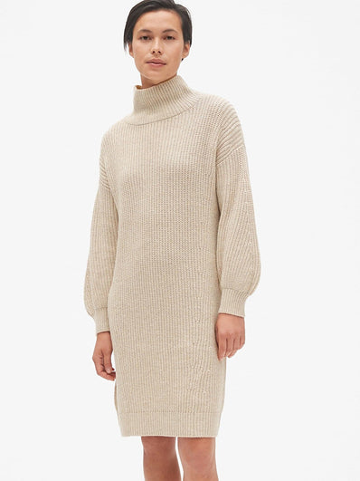 Cozy Blouson Sleeve Turtleneck Sweater Dress
