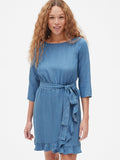 Faux-Wrap Ruffle Hem Dress in TENCEL