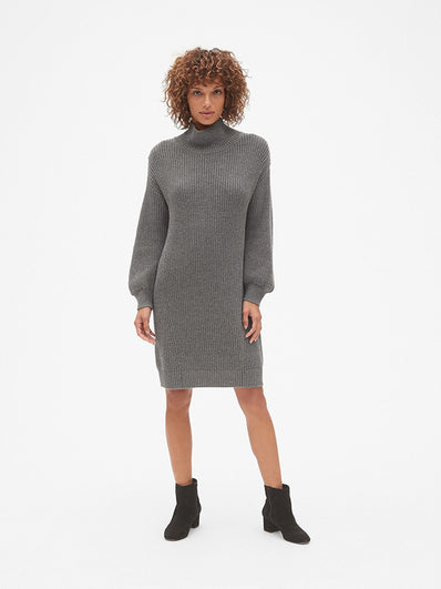 Cozy Blouson Sleeve Turtleneck Sweater Dress