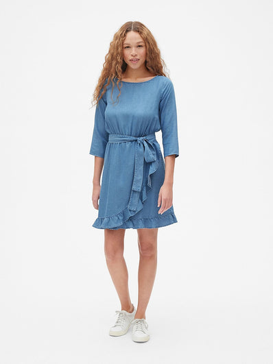 Faux-Wrap Ruffle Hem Dress in TENCEL