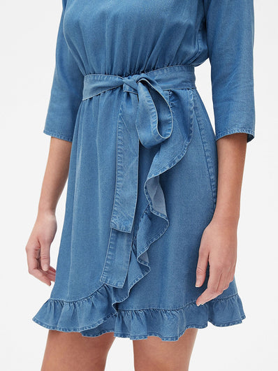 Faux-Wrap Ruffle Hem Dress in TENCEL
