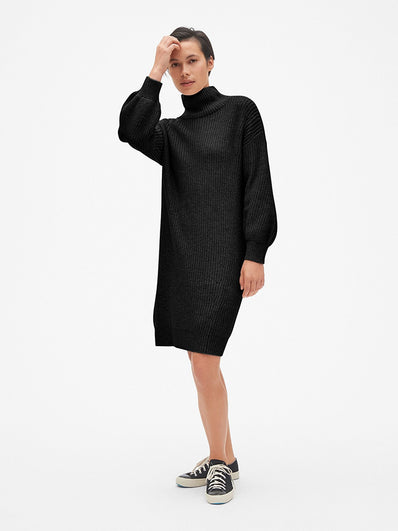 Cozy Blouson Sleeve Turtleneck Sweater Dress