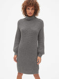 Cozy Blouson Sleeve Turtleneck Sweater Dress